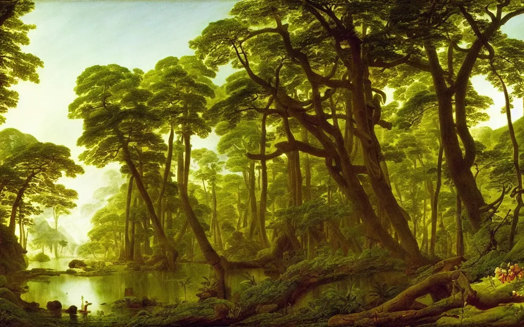 Image similar to a beautiful spring view of a tropical forest, magical landscape, art by caspar david friedrich and asher brown durand, intricate details, trending on artstationhq and wikiart