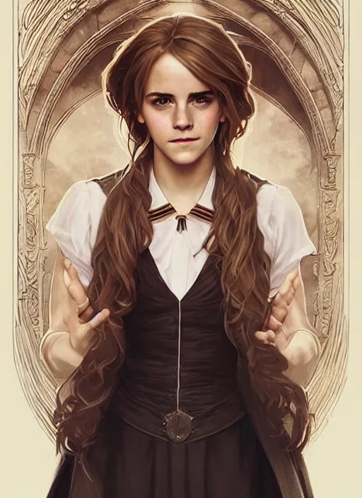 Image similar to emma watson as hermione granger at hogwarts. beautiful detailed face. by artgerm and greg rutkowski and alphonse mucha