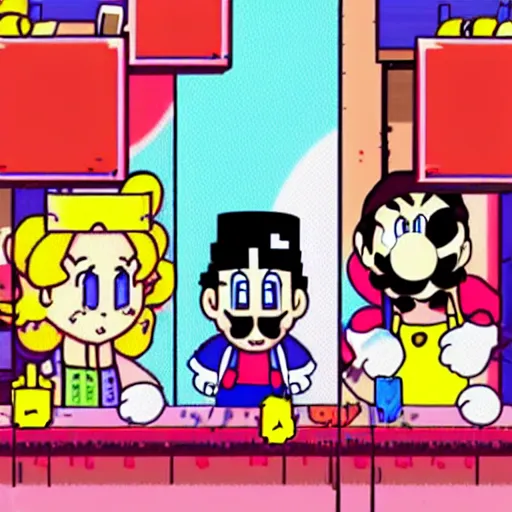 Image similar to super mario in everyday clothes cooking pasta for princess peach, sprite, vaporwave nostalgia, directed by beat takeshi, visual novel cg, 8 0 s anime vibe, kimagure orange road, maison ikkoku, sketch by akira toriyama