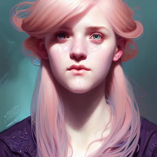 Image similar to portrait of a scottish teenage girl with pinkish grayblonde hair, glowing skin, awkward, nerdy, fantasy, intricate, elegant, dress shirt, highly detailed, digital painting, artstation, concept art, smooth, sharp focus, illustration, art by Krenz Cushart and Artem Demura and alphonse mucha