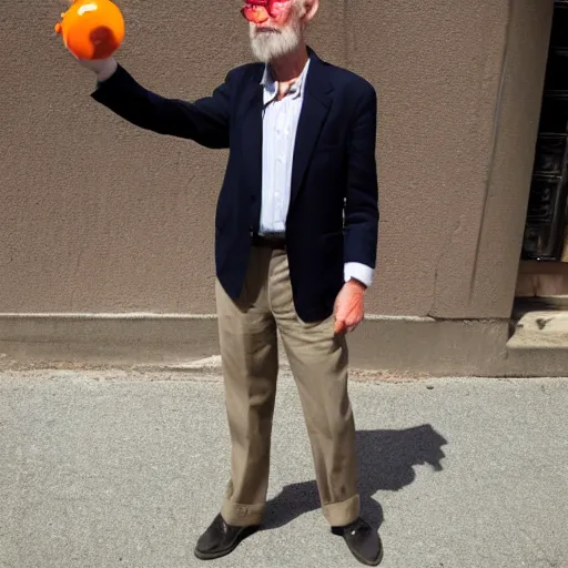 Image similar to hugh hopper holding an orange and a diet pepsi sitting on a street corner