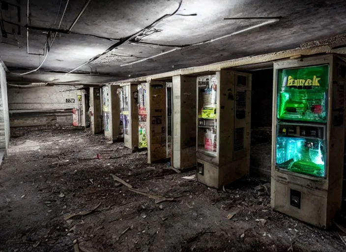 Prompt: an abandoned industrial basement lit by a lone vending machine selling GAK, unsettling image