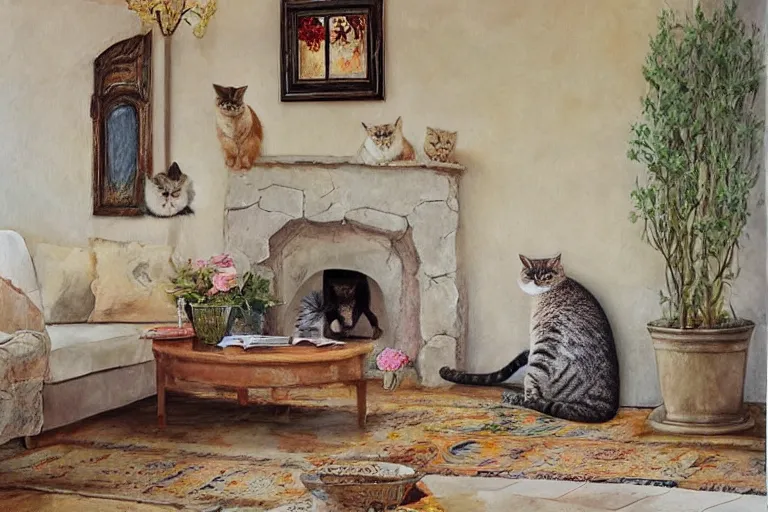 Prompt: Photo of Funny singular cat jumps in provence style living room, photorealism,