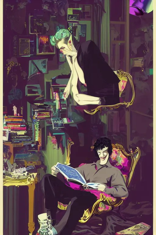 Image similar to goth guy sitting on the floor of a cluttered 9 0 s bedroom reading a book by rolf armstrong, vaporwave colors, lo - fi, concept art, smooth, detailed, toon shading, cel shading, animation, 4 k, hd,