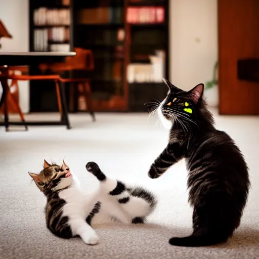 Image similar to very cute huge calico main coon plays with black-white shorthair domestic cat in office, portrait, pixar style, cinematic lighting, award winning creature portrait photography