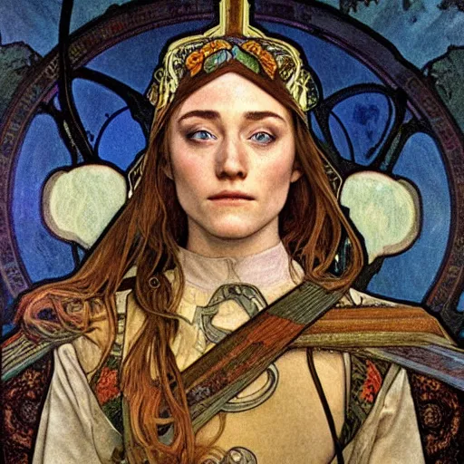 Prompt: realistic detailed face portrait of Saoirse Ronan as Joan of Arc by Alphonse Mucha, art nouveau