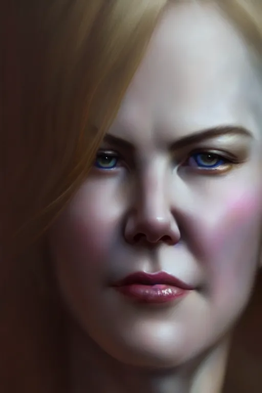 Prompt: ultra detailed close up facial portrait of nicole kidman, extremely detailed digital painting, in the style of fenghua zhong and ruan jia and jeremy lipking and peter mohrbacher, mystical colors, rim light, beautiful lighting, 8 k, stunning scene, raytracing, octane, trending on artstation