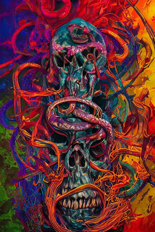Image similar to 35 mm lens photo of scull lsd colors with snake tongue, direct sunlight, glowing, vivid, detailed painting, Houdini algorhitmic pattern, by Ross Tran, WLOP, artgerm and James Jean, masterpiece, award winning painting