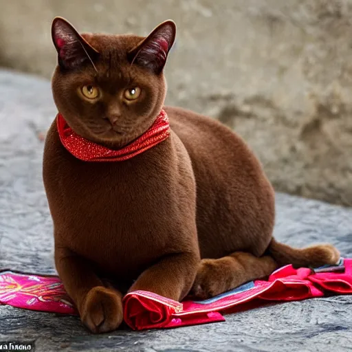 Image similar to a burmese cat with ginger fur, with a red bandanna around its neck and lots of mediterranean jewellery