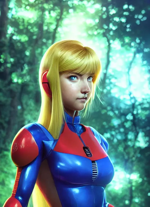 Prompt: Beautiful art portrait of zero suit samus in a bright temple surrounded by lush forest, atmospheric lighting, intricate detail, cgsociety, hyperrealistic, octane render, RPG portrait, ambient light, dynamic lighting