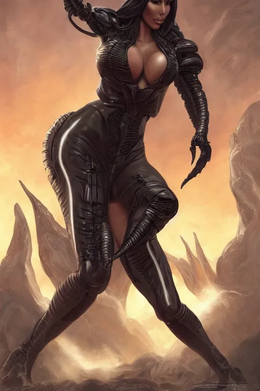 Image similar to Kim Kardashian as a heroine being held by an xenomorph, digital painting, artstation, concept art, smooth, sharp focus, illustration, in-frame, centered, art by artgerm and donato giancola and Joseph Christian Leyendecker, Ross Tran, WLOP