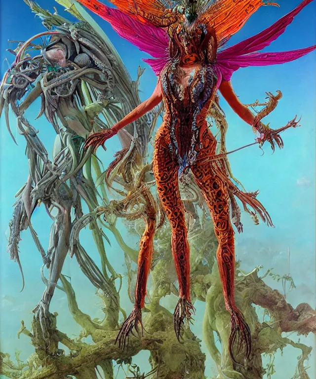 Prompt: a portrait photograph of a athletic alien harpy succubus queen with amphibian skin. she is dressed in a colorful slimy organic membrane bulbous catsuit and transforming into an insect with colorful feathers. by donato giancola, walton ford, ernst haeckel, peter mohrbacher, hr giger. 8 k, cgsociety, fashion editorial