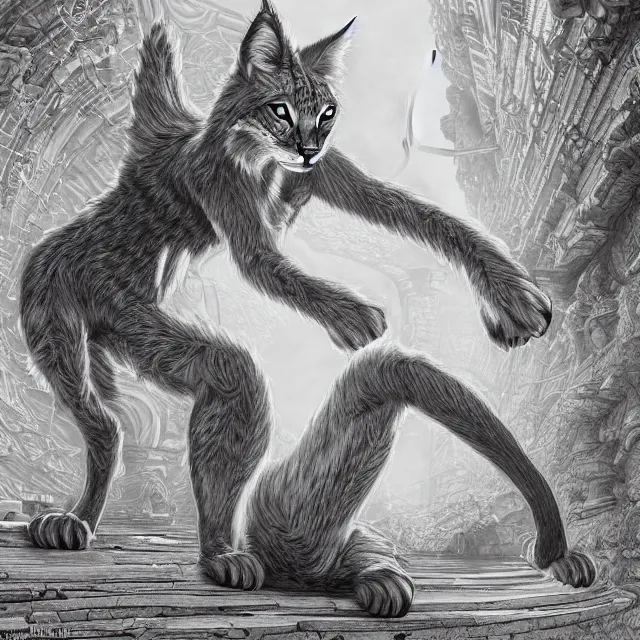 Image similar to the full body of anthropomorphic lynx fursona from behind wearing a steampunk suit as unimaginably beautiful, gorgeous, elegant, young woman with lynx head, an ultrafine hyperdetailed illustration by furaffinity, intricate linework, white fur, unreal engine 5 highly rendered, global illumination, radiant light, detailed and intricate environment, no feral, no taur