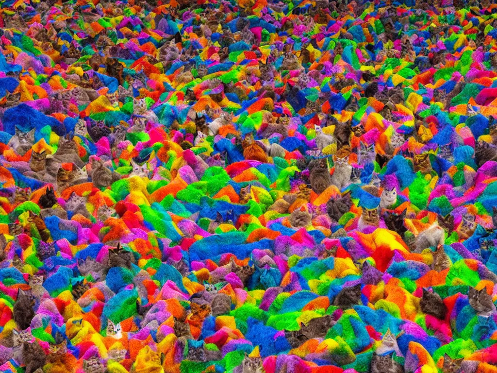 Image similar to a mountain made out of colorful cats, photography