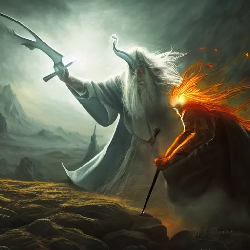Image similar to Gandalf fight Sauron in an epic fight, dramatic lighting, artstation, hyperdetailed, high resolution, in the style of Christopher Tolkien