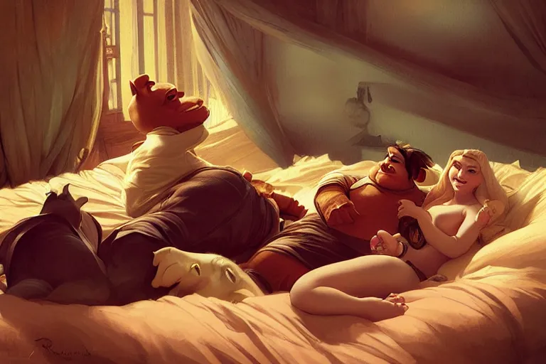 Image similar to pushkin and shrek lying in bed together, portrait, highly detailed, digital painting, artstation, concept art, smooth, sharp focus, illustration, cinematic lighting, art by artgerm and greg rutkowski and alphonse mucha