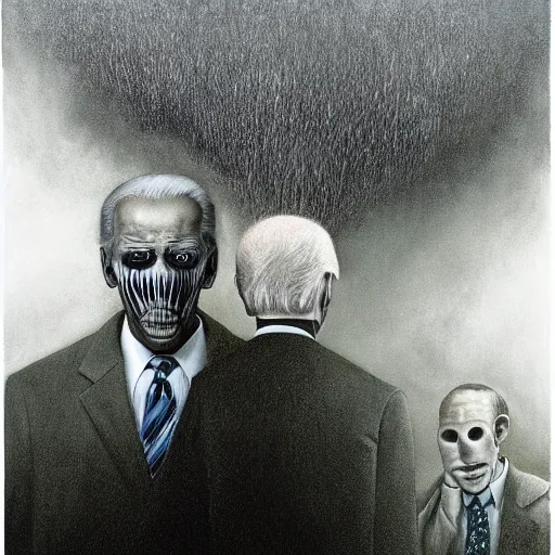 Image similar to presidential portrait of joe biden with shadowy mist pouring from mouth and nose as slenderman, by beksinski, jon mcnaughton, and stephen gammell