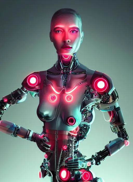 Image similar to photorealistic detailed full body picture of a female cyborg, pretty face with arms and legs, glamour pose, neon lights, humanoid, extreme, uhdr, book called the most influental cyborg in 2 0 5 0, fine details, highly detailed, intricate, smooth sharp focus, symmetrical features, environmental portrait