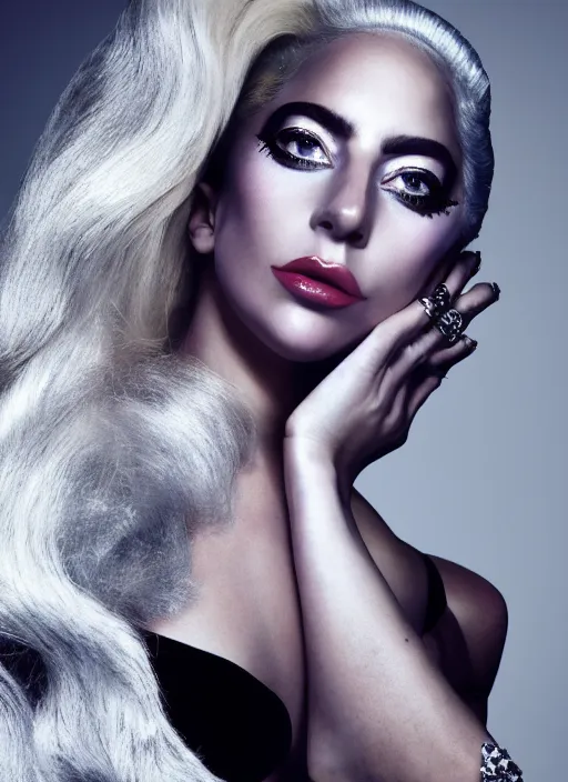 Image similar to lady gaga photohoot styled by nick knight posing ,studio lighting, majestic style , vogue magazine, Highly realistic. High resolution. Highly detailed. Dramatic. 8k.4k.