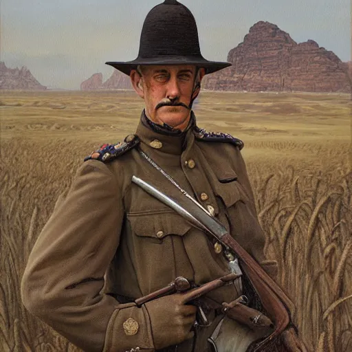 Image similar to a detailed photorealistic muted - color portrait painting of a 1 9 1 7 worried - looking british officer in field gear from the arab bureau in wadi rum, ultra realistic, intricate details, atmospheric, dark, brooding, highly detailed, by clyde caldwell