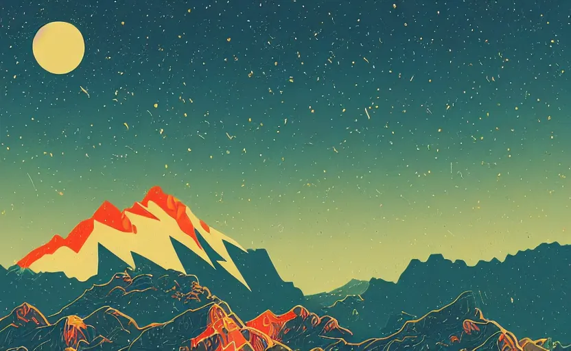 Prompt: mountains, stars and paisley filled sky, artstation, intricate, highly detailed, digital painting, concept art, sharp focus, illustration by Tom Whalen and Kilian Eng