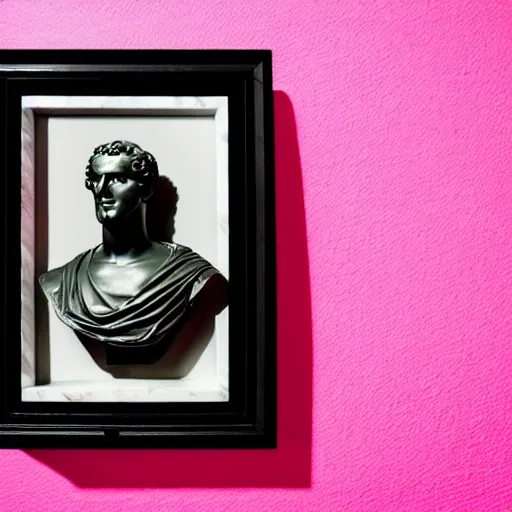 Image similar to a greco - roman marble bust sits on a pink and black checkerboard tile floor, a pink wall in the background with a framed photo of a cityscape at night, trending on bandcamp