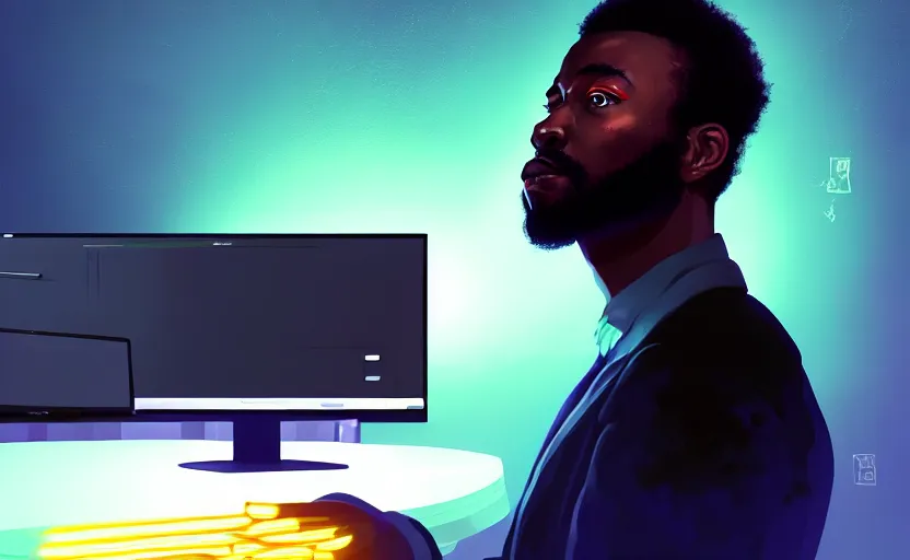Prompt: portrait of handsome black genius in front several curved monitors, electric brainstorm, vertical cmyk text background, elegant atmosphere, glowing lights, highly detailed, digital painting, artstation, concept art, smooth, sharp focus, illustration, art by wlop, mars ravelo and greg rutkowski