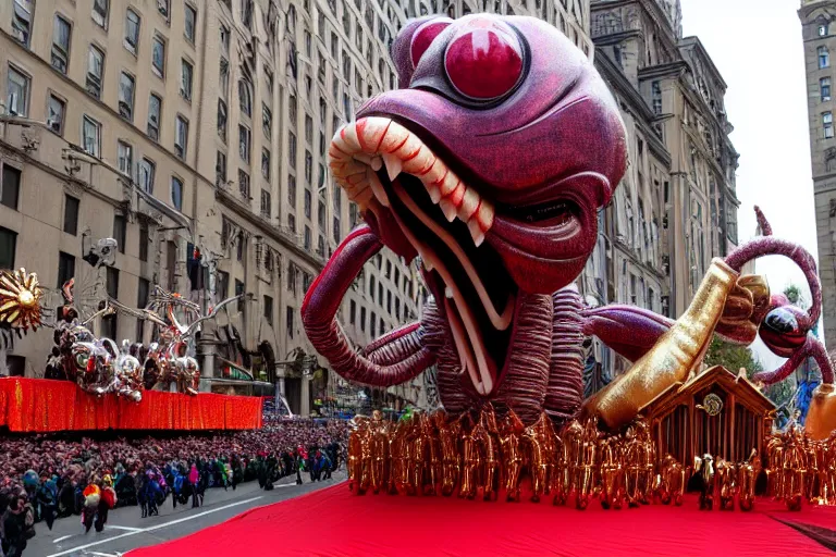 Prompt: photo of giant beautiful elaborate parade float character designed by giger and wes anderson!!!!!!!!!!!!!!, in the macys parade, detailed 4 k photo,