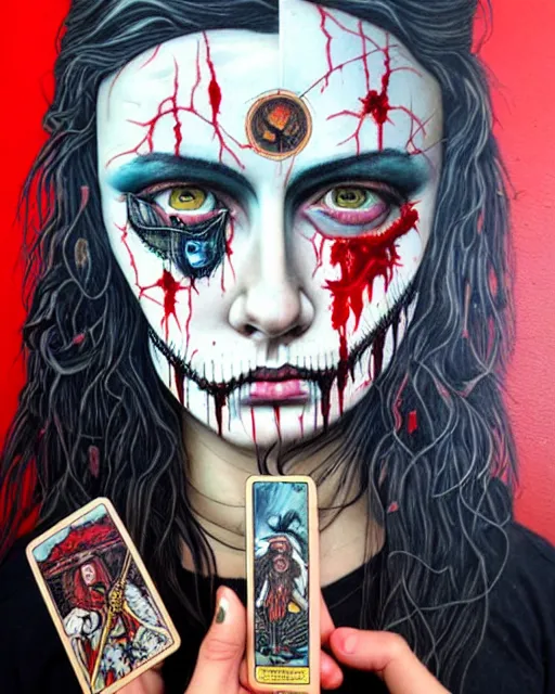 Image similar to a tarot card portrait horror and blood with sea and ocean intricate details by Sandra Chevrier