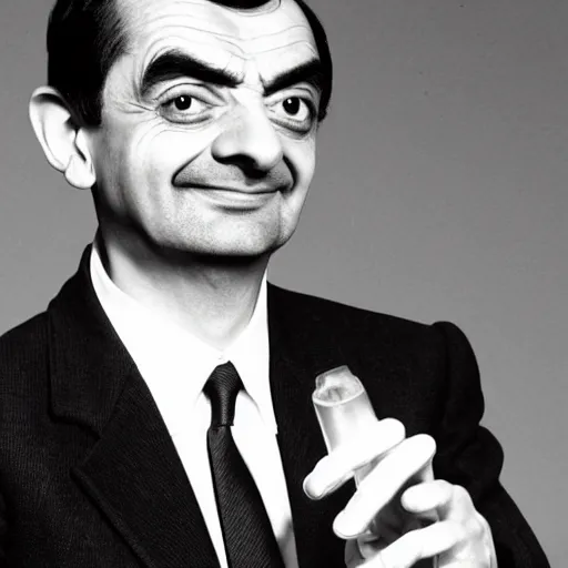 Prompt: Photo of Mr Bean, there is a mushroom cloud in the background