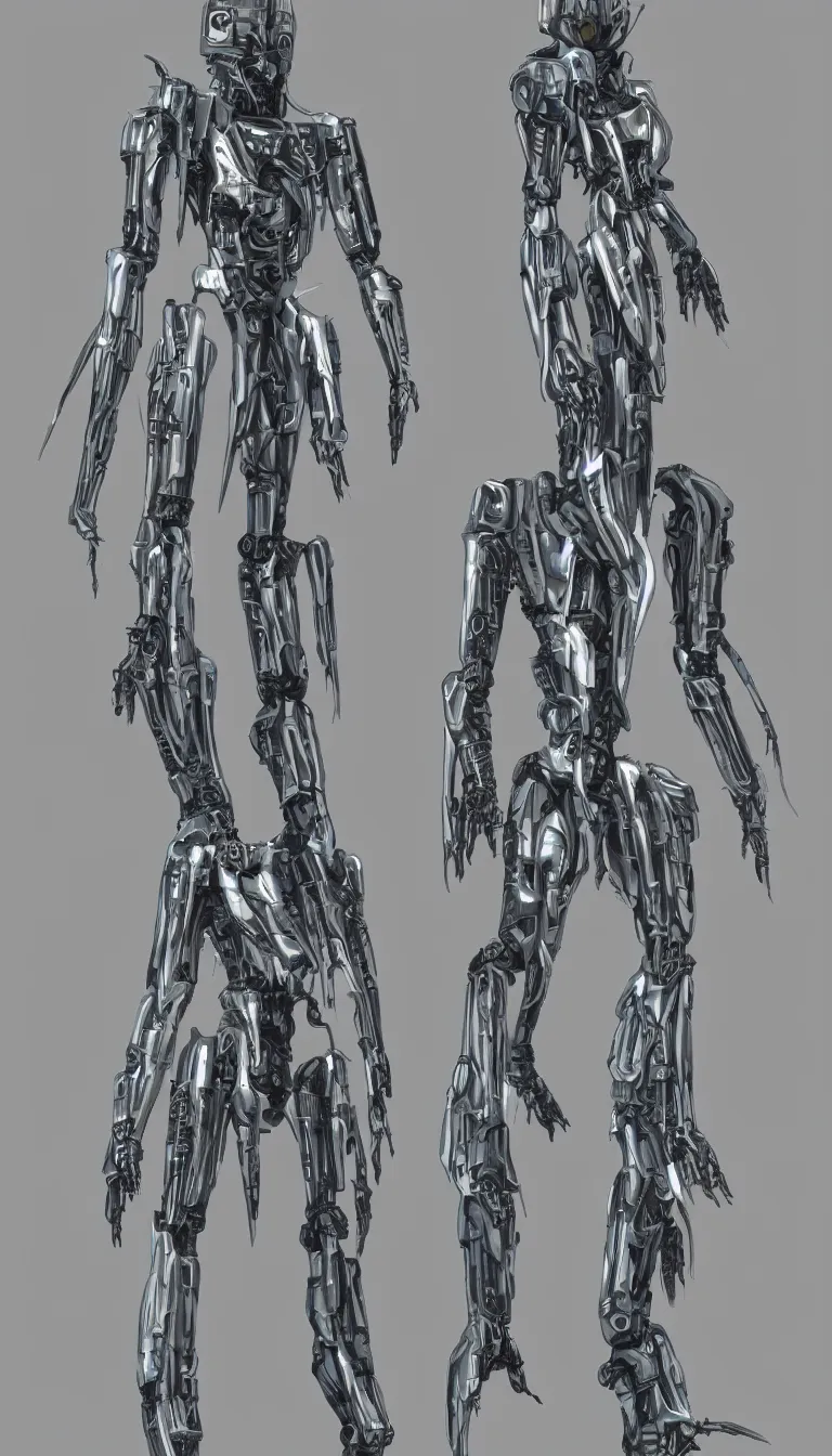 Prompt: full body full height, elegant h. r. giger mecha, default pose. super high resolution photo. symmetrical. orthographic front view.