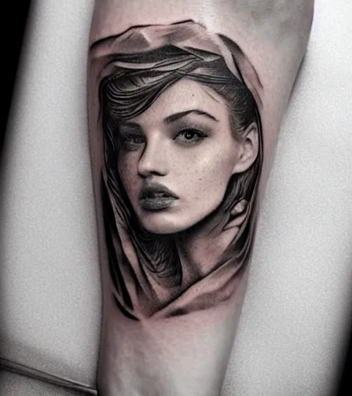 Image similar to tattoo design sketch of an extremely beautiful woman face with a stunning mountain view faded background on her side, hyper - realistic, double exposure, in the style of matteo pasqualin, amazing detail, black and white, faded