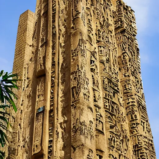 Prompt: stone skyscraper with ancient hieroglyphs from an unknown civilization, shiny gold intricate details, arid mountains and lush palm forest, volumetrically stacked like babylon, hanging plants