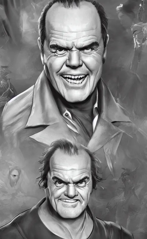 Image similar to Jack Nicholson as a character in the game League of Legends, with a background based on the game League of Legends, detailed face, old 3d graphics