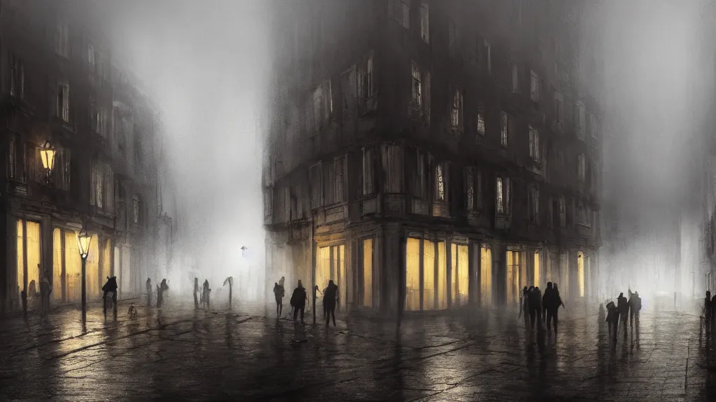 Image similar to a crowd of people on street of the old town with houses in the windows of which the light is on. early morning, fog on ground, wet street. mike barr painting. volumetric light, dull colors, dark, noir arthouse, 3 5 mm, hight detalied, hd, 4 k