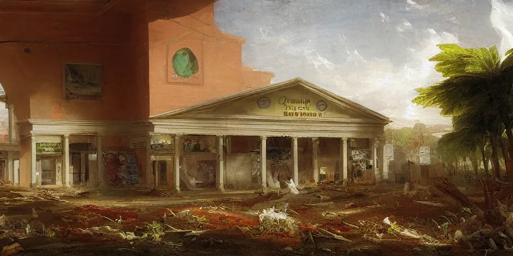 Image similar to an abandoned supermarket painted by thomas cole