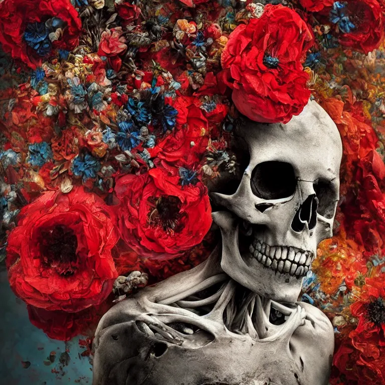 Image similar to A beautiful oil painting hyperrealism of a decayed black head, rotting black clay skin, skull bones, red flowers, floral headdress, 8k resolution, octane render, Trending on artstation, by Gediminas Pranckevicius, volumetric light 2blue fractal Thunder glow by dan mumford, anaglyph effect, Laurie Lipton