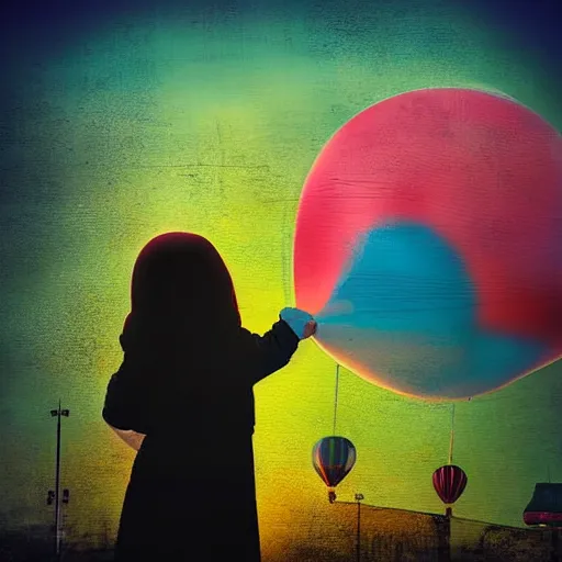 Image similar to a girl holding a balloon at a fairground. buildings with graffiti. silhouette. photograph in the style of simon stalenhag