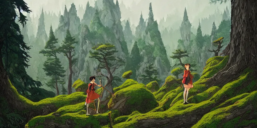 Prompt: a 2 d forest background in transylvania, rocks, dead trees, castle in the background, moss, in the style of studio ghibli, j. c. leyendecker, greg rutkowski, artgerm