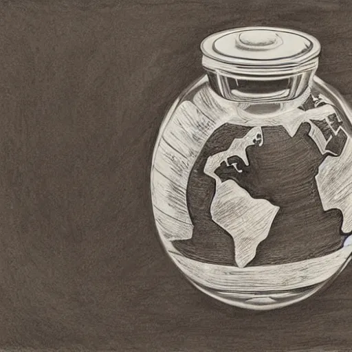 Image similar to planet earth inside an apothecary jar on a desk, pencil drawing, detailed