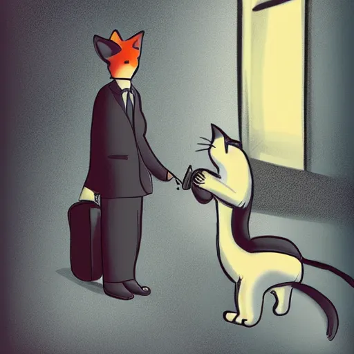 Prompt: a cat in a suit waiting for the bus with headphones on, digital art