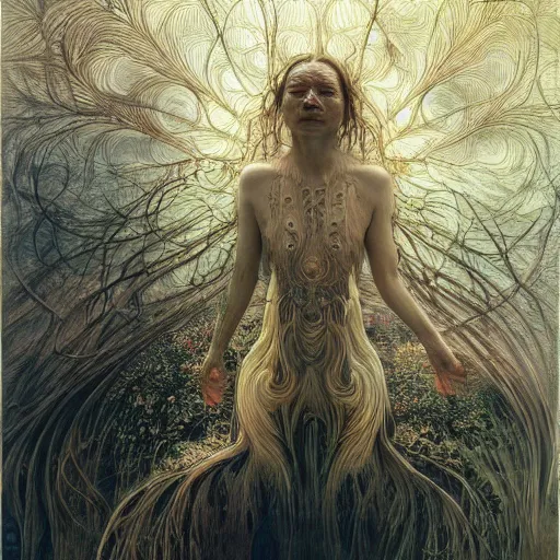 Prompt: bjork by zdzisław beksinski, iris van herpen, raymond swanland and alphonse mucha. highly detailed, hyper - real, beautiful