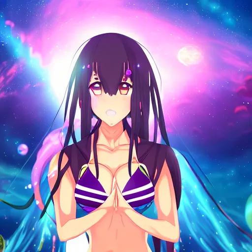Prompt: An anime girl in bikini holding and terraforming a planet on her hands, unfocused background milkyway galaxy stars universe, wide-shot, high detail, 4k, digital art, artstation, 8k, very detailed