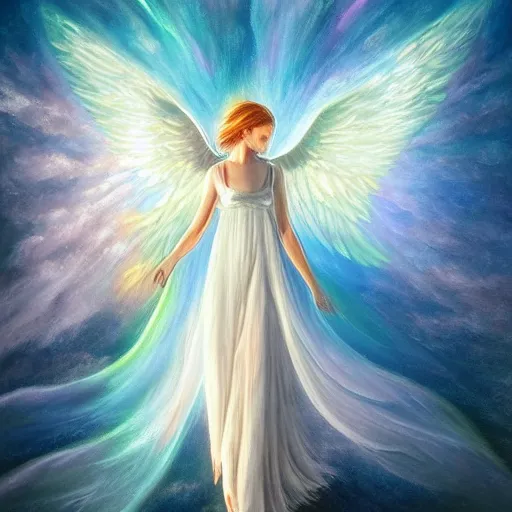 Prompt: high quality painting of beautiful radiant angel, glorious supernatural power, mystical purity, bright halo, symmetrical full body, holographic translucent wings. glowing turbulent mist