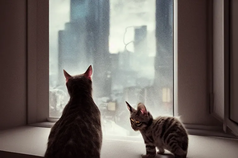 Image similar to Big european shorthair cat and small fluffy kitten from the back in the apartment room looking to window in a cyberpunk city, soft god rays from city lights outside the window, unreal engine 5, soft neon atmosphere, photorealistic, soothing colors, somber melancholic matte painting, hyperrealism, hyperrealistic, cinematic masterpiece, cyberpunk style 8k ultrahd octane render