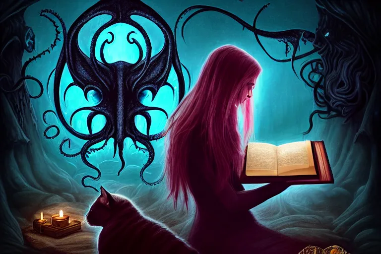 Image similar to romantic photo of bright girl, her cat and her book of necronomicon, symmetrical, cinematic, real dlsr photography, sharp focus, 4 k, ultra hd, sense of awe, sinister demonic atmosphere, dreadful, forbidden knowledge, old gods, cthulhu, yog - sothoth! yah, yah, yah! cultist journal cover