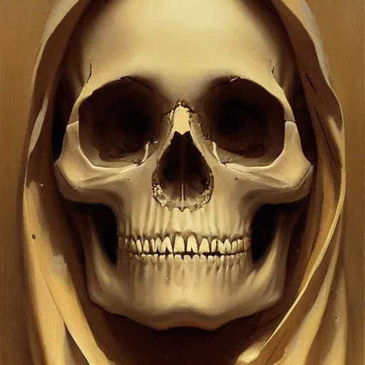 Image similar to painting of the virgin mary skull face by greg rutkowski and jc leyendecker