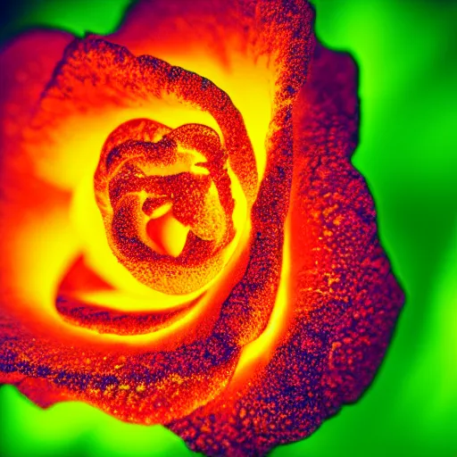 Image similar to award - winning macro of a beautiful magma rose made of glowing molten lava, inner glow, magma texture