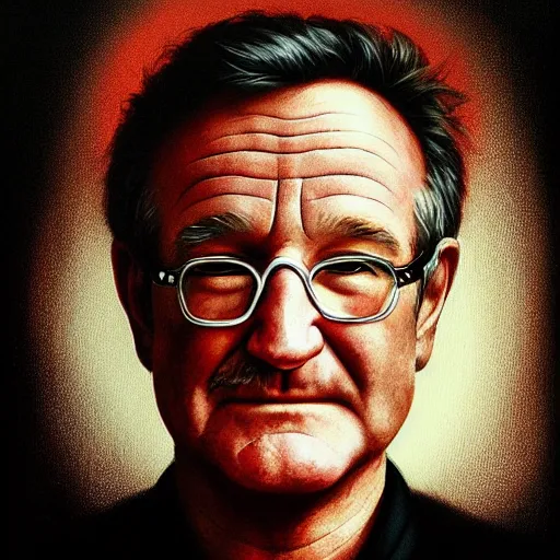 Prompt: portrait of a Robin Williams, staring at you, black background, curious eyes, by Anato Finnstark, Tom Bagshaw, Brom