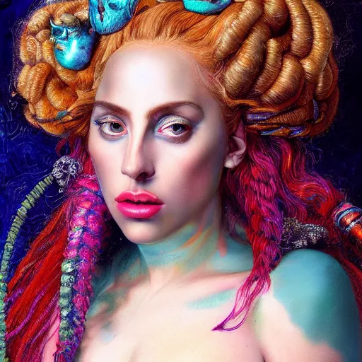 Prompt: photo realistic, hyper realism, lady gaga artpop act ii album, intricate detail, hyper detail, gaston bussiere, sandro botticelli style, with neon aqua rapunzel dreadlocks, detailed, masterpiece, sharp focus,